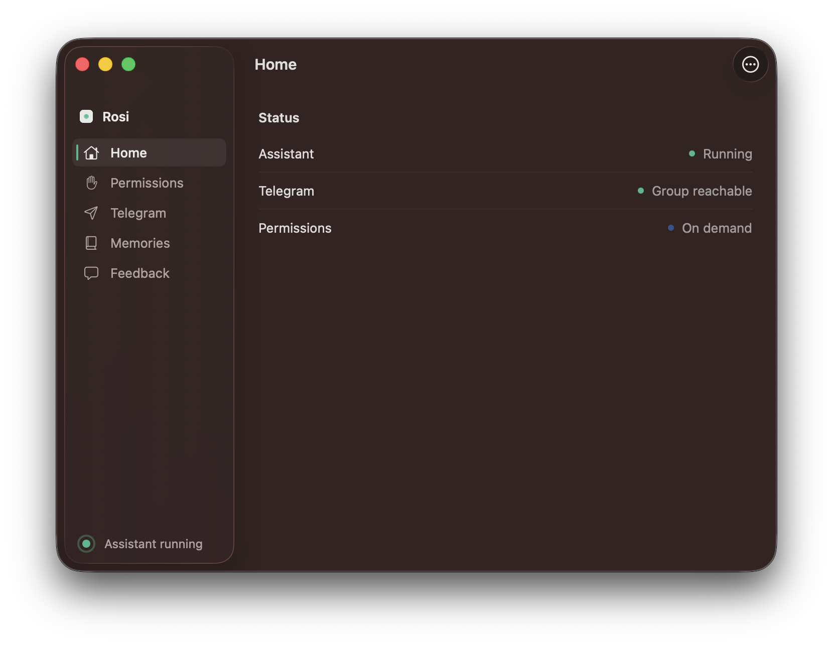 Rosi for Mac home screen showing the assistant running, Telegram reachable, and permissions available on demand.